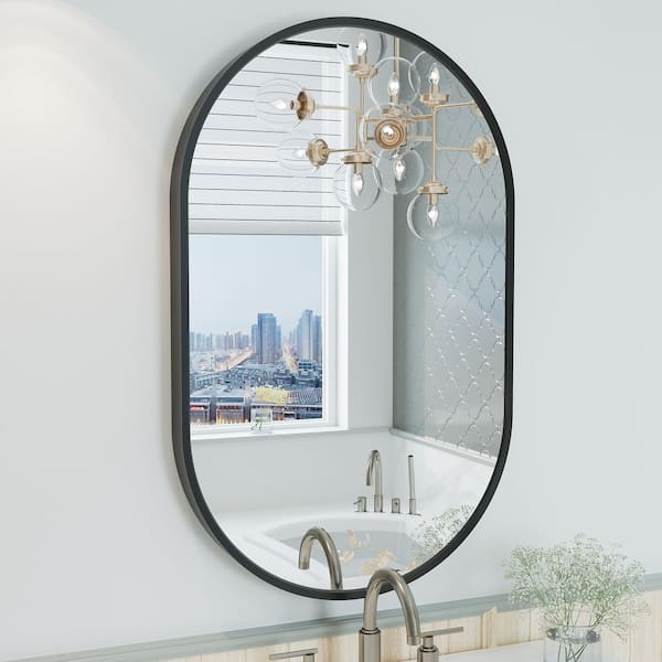 20 in. W x 32 in. H Oval Aluminum Alloy Framed and Tempered Glass Wall Decor Bathroom Vanity Mirror in Matte Black