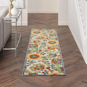 Aloha Ivory/Multicolor 2 ft. x 6 ft. Kitchen Runner Floral Contemporary Indoor/Outdoor Patio Area Rug