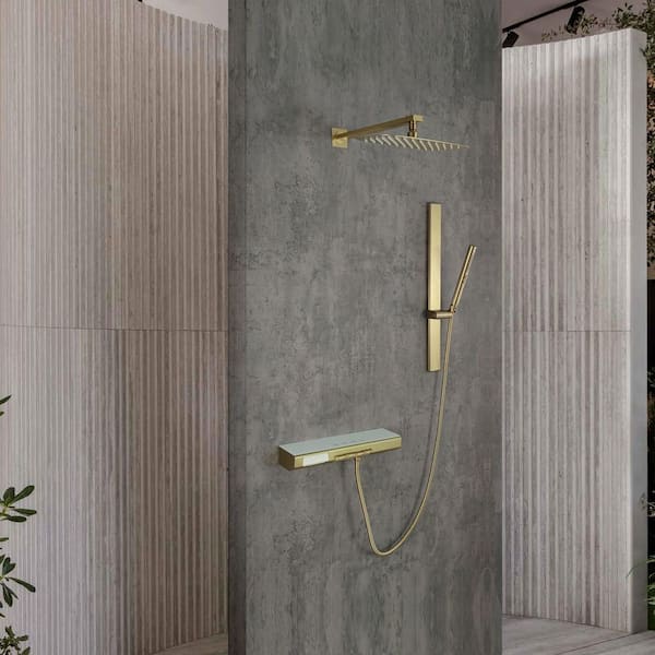 3-Spray Thermostatic Tub and Shower Faucet with 2 Setting Hand Shower in Brushed Gold (Valve Included)