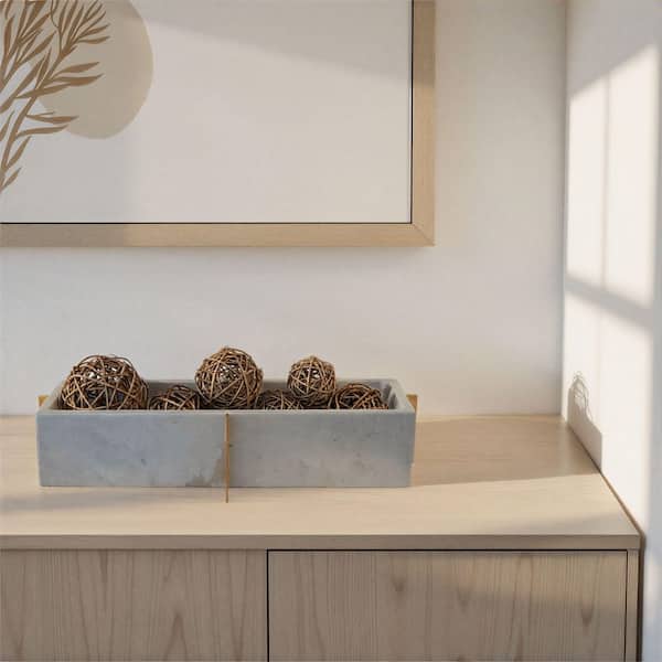 6.5 in. W x 3 in. H x 15 in. D Rectangle Gold and White Marble and Metal Container Serving Tray