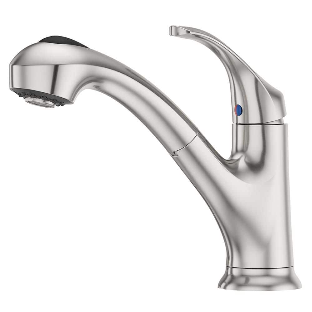 Shelton Single Handle Pull Out Sprayer Kitchen Faucet 8.4375 in. H with 120° Spout Swivel in Stainless Steel price history on PriceWatchPro