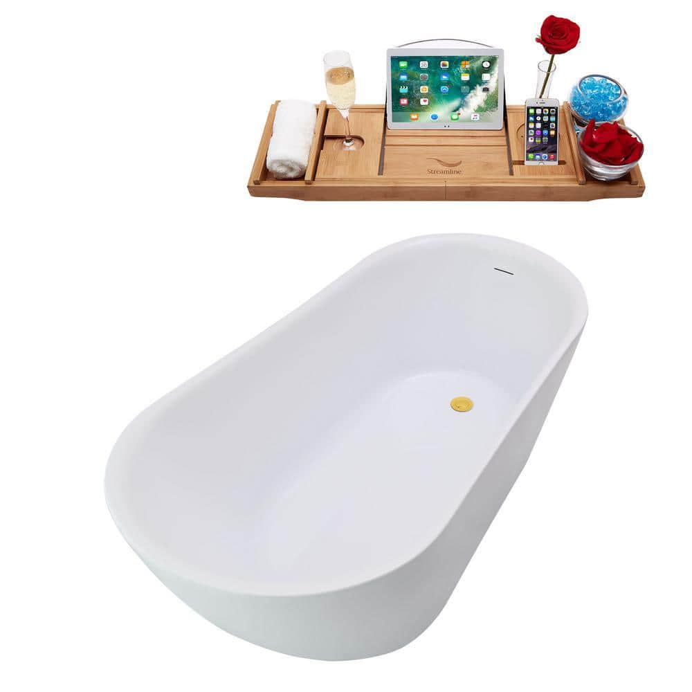 59'' Glossy White Freestanding Acrylic Bathtub with Gold Trim
