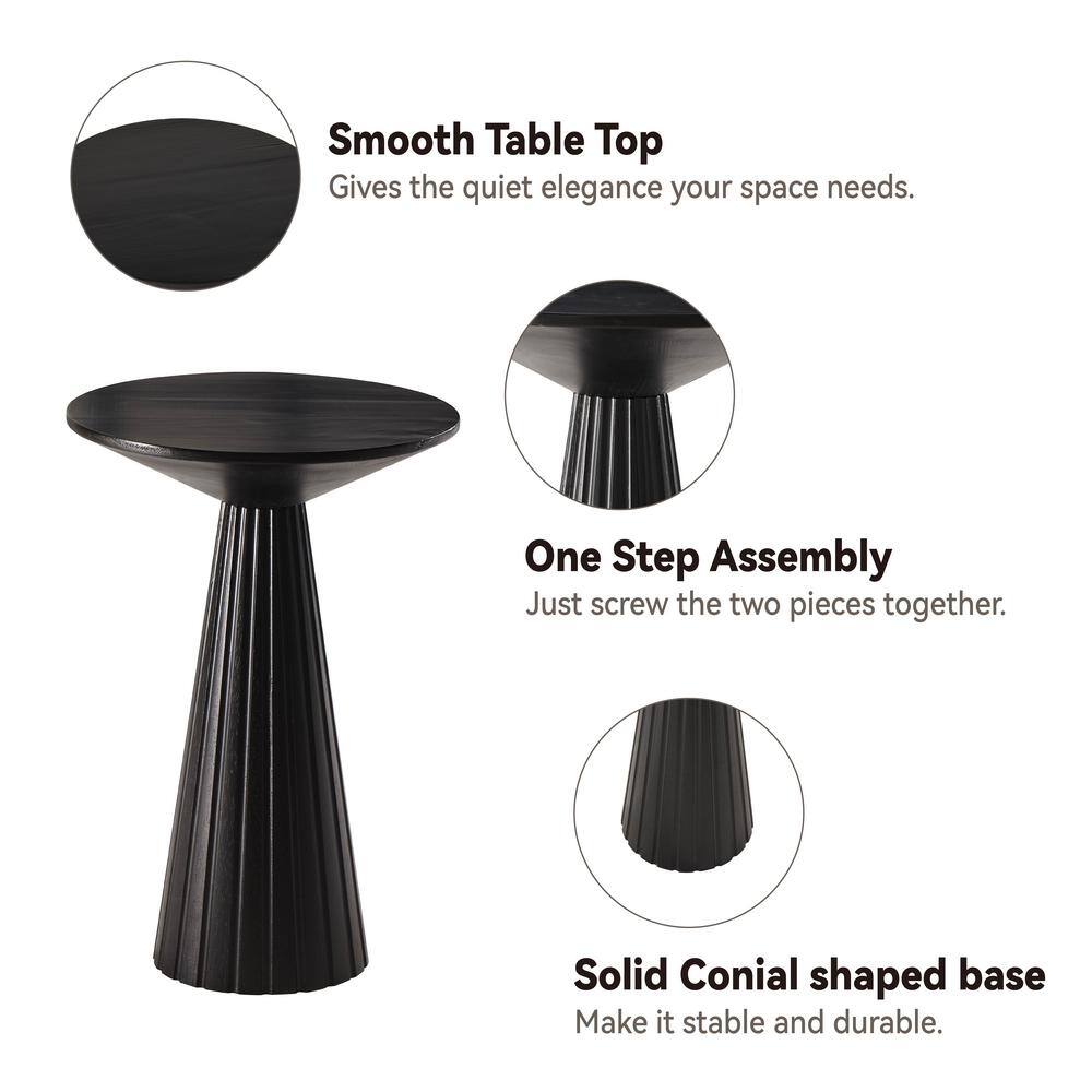 Black Round Pedestal Wood End Table with Textured Finish