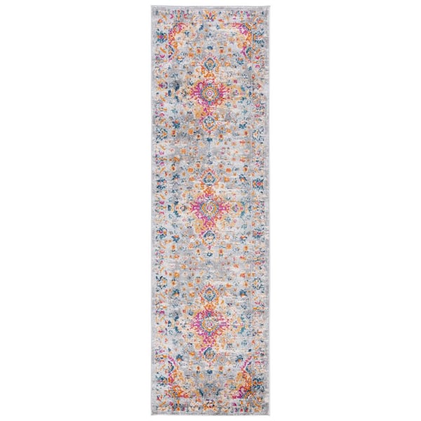SAFAVIEH Madison Grey/Fuchsia 2 ft. x 8 ft. Border Floral Geometric Medallion Runner Rug