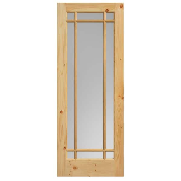 36 in. x 84 in. Prairie Knotty Pine Veneer 9-Lite Solid Wood Interior Barn Door Slab