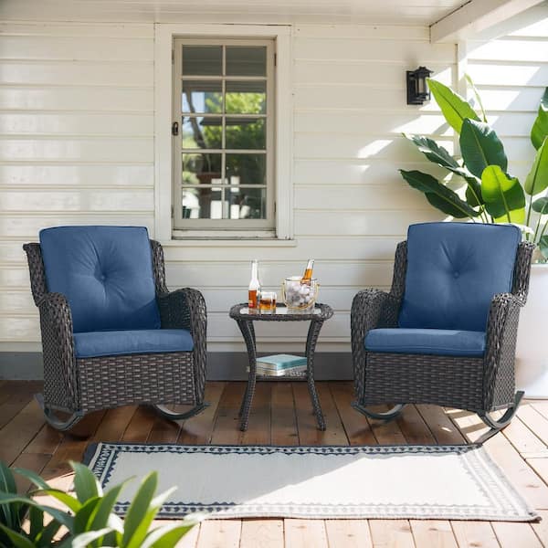 ArcoBay 3-Piece Brown Wicker Outdoor Rocking Chairs Patio Conversation Set with Navy Blue Cushions and Side Table