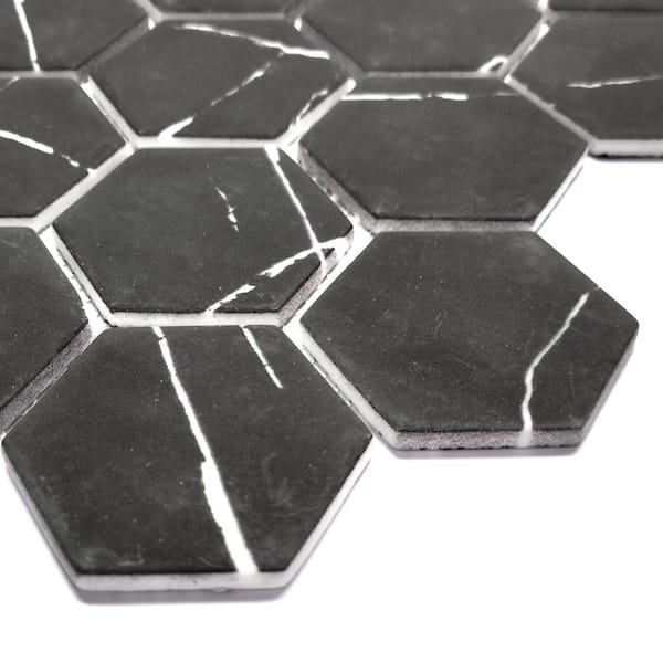 Black Marquina 11 in. x 10 in. Hexagon Recycled Glass Marble Looks Floor and Wall Mosaic Tile (8.33 sq. ft./Case)