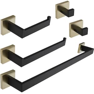 Bathroom Hardware 5-Piece Bath Hardware Set with Towel Bar, Robe Hook, Toilet Paper Holder in Black and Gold