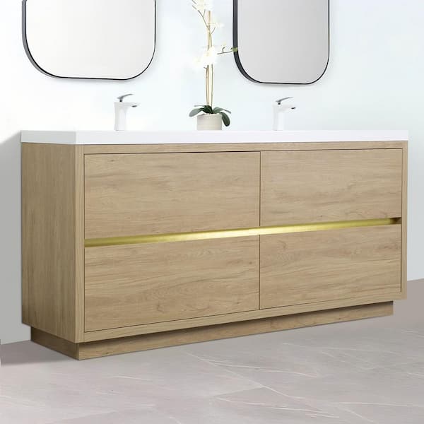Lafarre 70.87 in. W x 19.69 in. D Double Sink Freestanding Bath Vanity in Natural Oak with White Resin Top Assembled