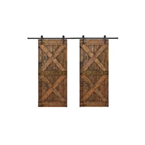 Double X Series 48 in. x 84 in. Dark Brown Finished Pine Wood Sliding Barn Door with Hardware Kit