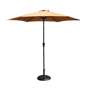 8.8 ft. Taupe Aluminum Outdoor Patio Umbrella with Round Resin Umbrella Base, Push Button Tilt and Crank lift