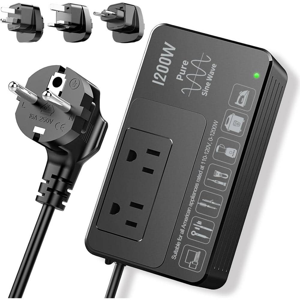 1200 Watt Voltage Converter Travel Power Plug Adapter 220V to 110V in Black
