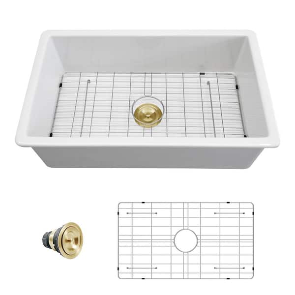 30 in. Fireclay Ceramic Undermount Single Bowl Kitchen Sink in White with Gold Drain and Bottom Grid