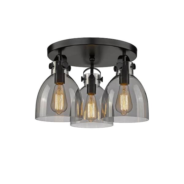 Newton Bell 19.63 in. 3-Light Matte Black Industrial Flush Mount with Smoked Glass Shade
