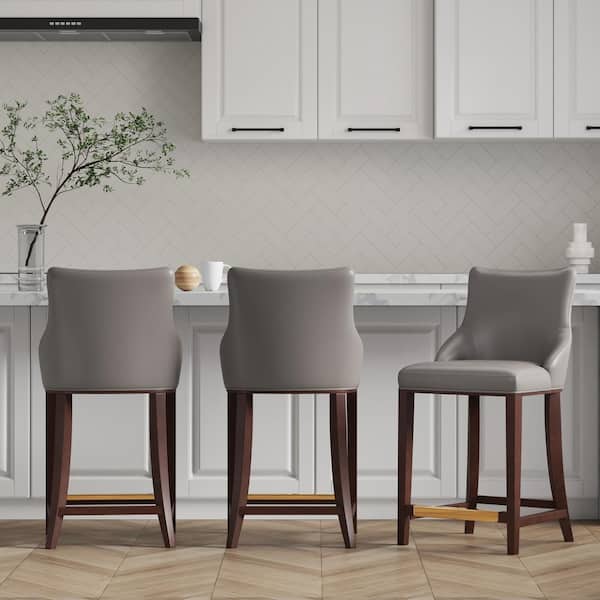 Shubert 25.98 in. Dark Taupe Beech Wood Counter Stool with Faux Leather Upholstered Seat (Set of 3)