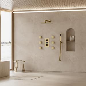 3-Spray Wall Mount Dual Shower Head Fixed and Handheld Shower Head with 6-Jets in Brushed Gold (Valve Included)