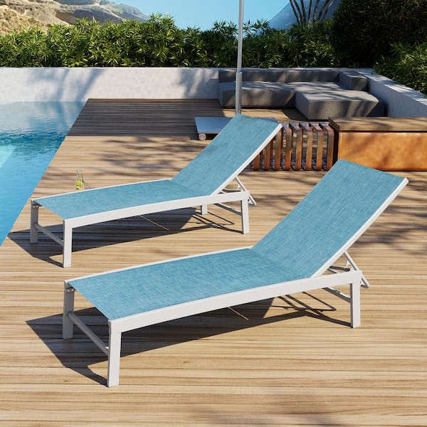 Full Flat 2-Piece Aluminum Adjustable Outdoor Chaise Lounge in Blue