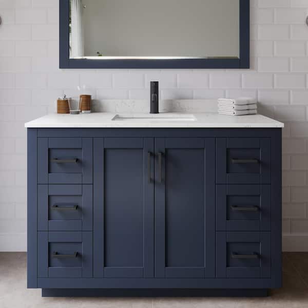 Wyndham Collection Miranda 48 in. W Single Bath Vanity in Dark Blue w/Cultured Marble Vanity Top in LV Carrara with White Basin and Mirror