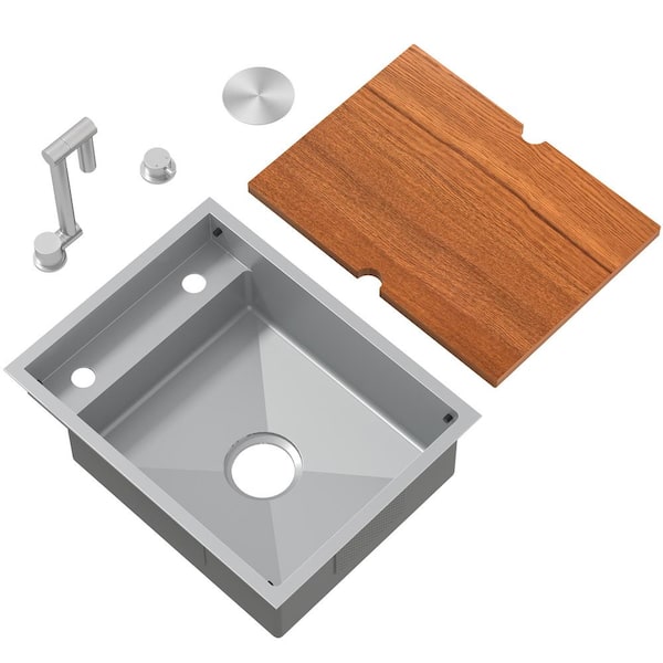 21 in. Undermount Single Bowl 16-Gauge Chrome Stainless Steel Hidden Utility Kitchen Bar Sink with Folding Faucet