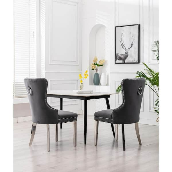 grey velvet studded dining chairs