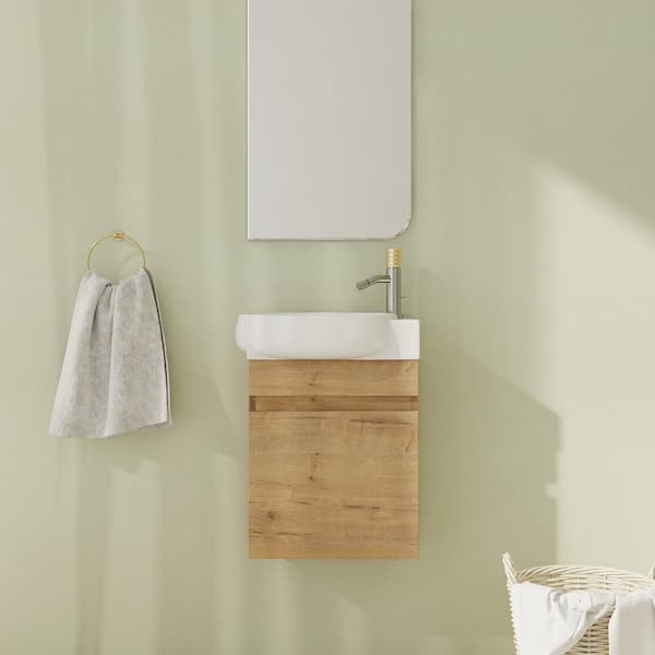 16.8 in. Wall-Mounted Single Oak Bath Vanity with White Ceramic Vanity Top Unassembled