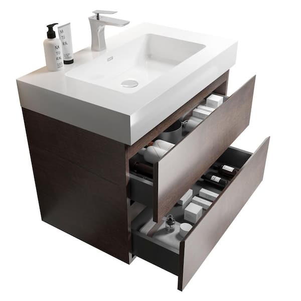 INSTER NOBLE 30 in. W x 18 in. D x 25 in. H Single Sink Floating Bath Vanity in Wood with White Solid Surface Top (No Faucet)