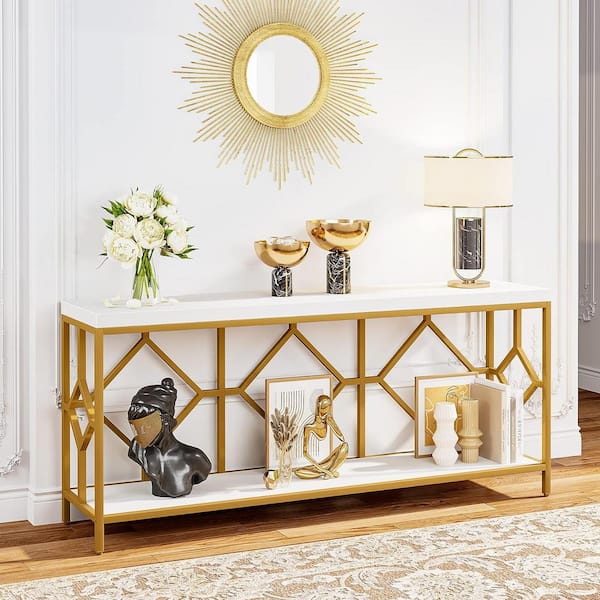 BYBLIGHT Turrella 70.9 in. WhiteandGold Extra Long Rectangle Wood Console Table Behind Couch Table with Storage Shelves 2 Tier BB F1913HY The Home Depot
