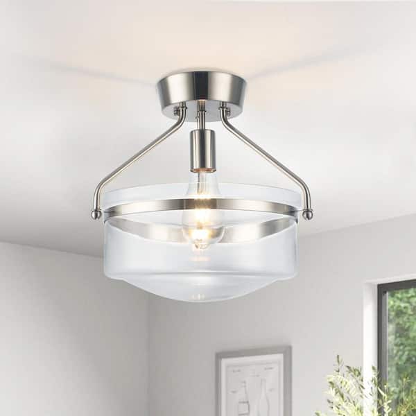 13.3 in. 1-Light Nickel Modern Semi-Flush Mount Ceiling Light with Glass Shade