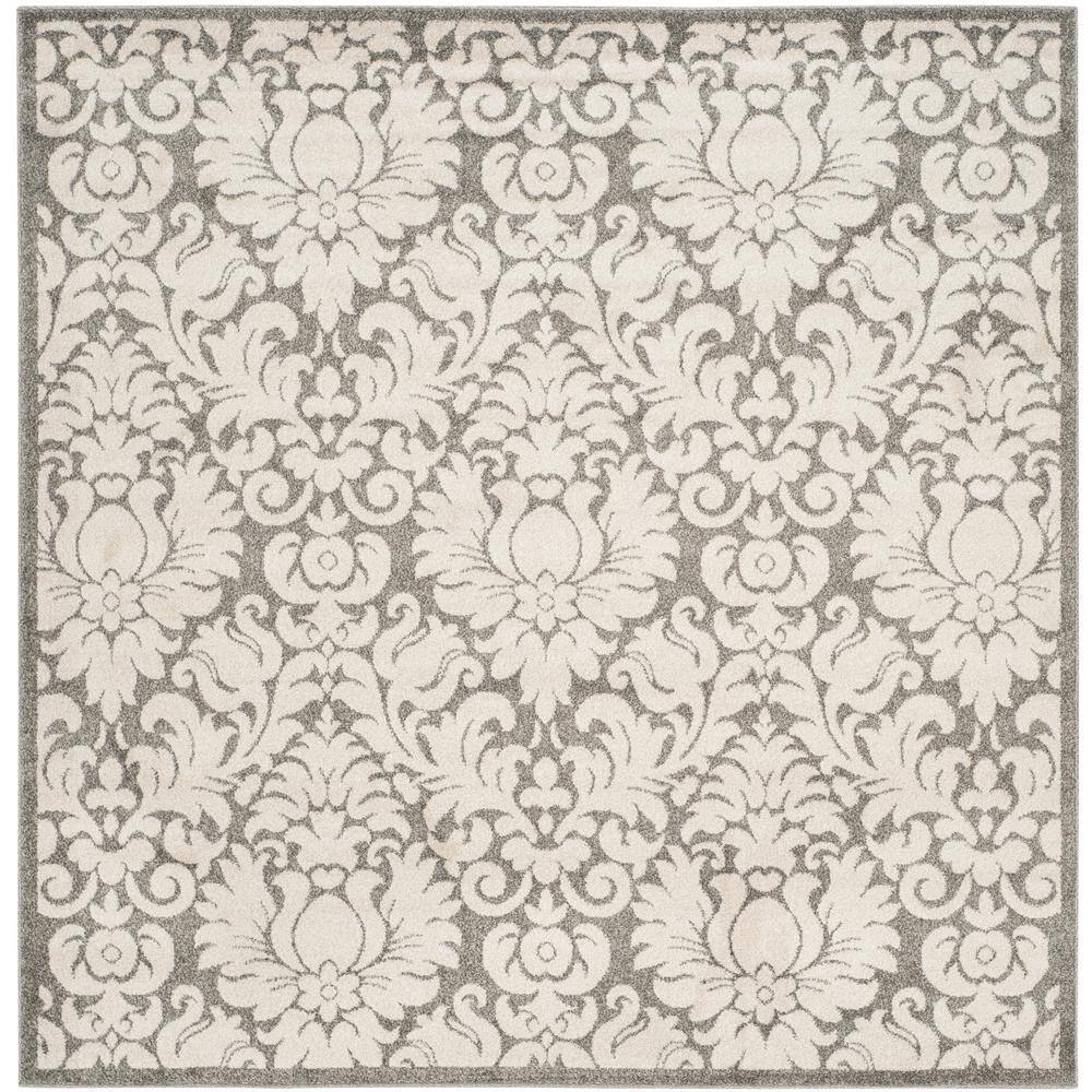 Gray and Cream Damask Square Synthetic Area Rug
