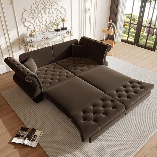 83.8 in. Brown Oversized Chesterfield Velvet Sofa Bed, Pull Out Sleeper Couch with Roll Arms and Tufting