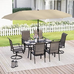 Black 8-Piece Metal Outdoor Dining Set with Umbrella and Padded Swivel Rocker Texitilene Chair