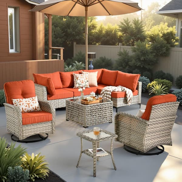 XIZZI Unicorn 8 Pieces Wicker Outdoor Patio Set and Swivel Rocking Chairs with Orange Red Cushions