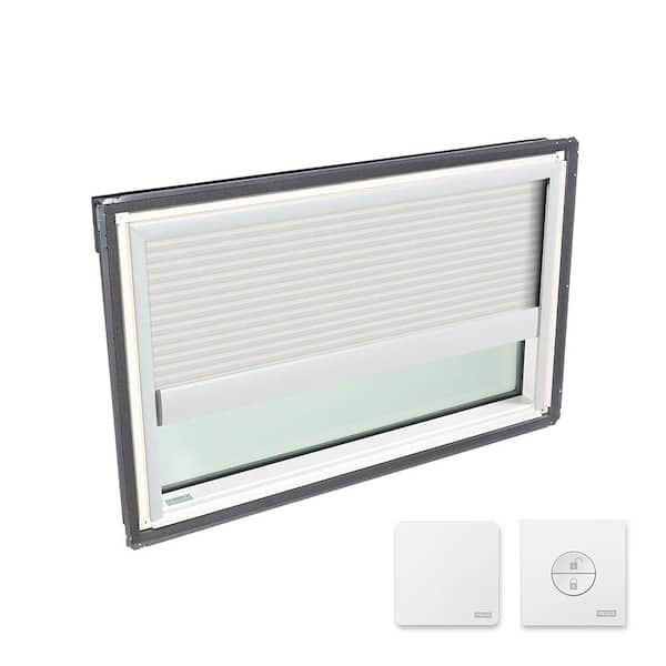 VELUX 44-1/4 in. x 26-7/8 in. Fixed Deck Mount Skylight with Laminated LowE3 Glass & White Solar Powered Light Filtering Blind