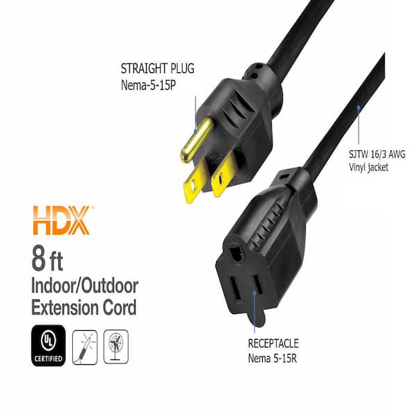 HDX 8 ft. 16/3 Indoor/Outdoor Workshop Extension Cord, Black
