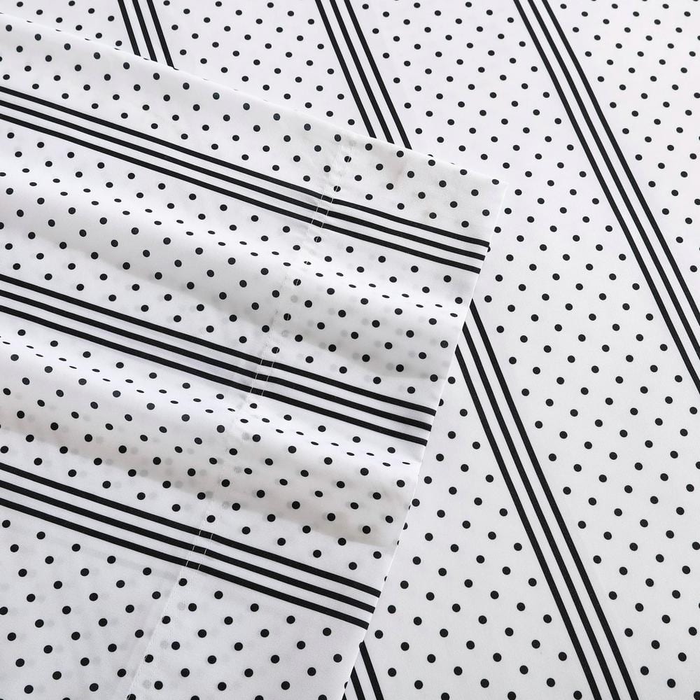 Queen Black and White Dots and Stripes Microfiber Sheet Set