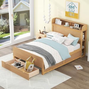 Wood (Brown) Wood Frame Full Size Platform Bed with a Big Drawer, Storage Headboard