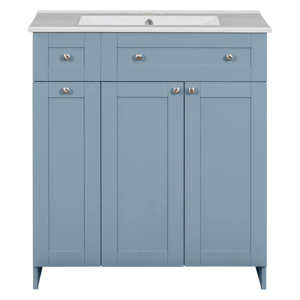 Virubi 30 in. W x 18 in. D x 34 in. H Freestanding Bath Vanity in Blue with White Ceramic Top, Adjustable Shelf