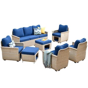 Sierra Beige 7-Piece Wicker Outdoor Patio Conversation Sofa Seating Set with Pet House/Bed and Navy Blue Cushions