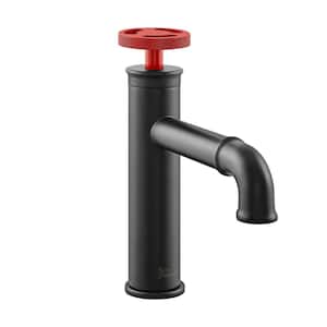 Avallon Single Hole Single Handle Bathroom Faucet in Matte Black with Red Handle