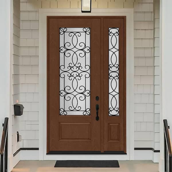 Regency 53 in. x 96 in. 3/4Lite Georgian Decorative Glass LHIS Chestnut Mahogany Fiberglass Prehung Front Door 14in.SL