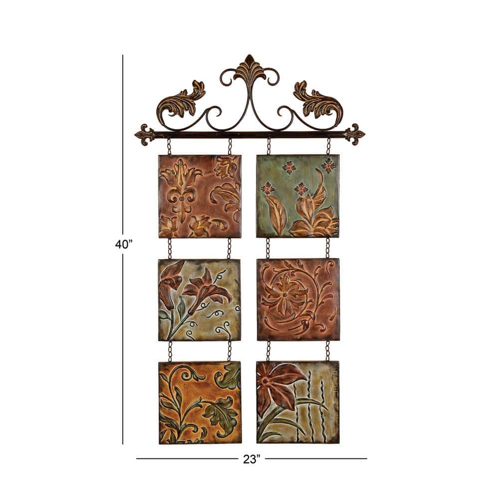 Multi-Colored Metal Botanical Wall Sculpture with Embossed Panels