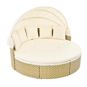 Patio Round Wicker Outdoor Sectional Sofa Set Two-Tone Weave Sunbed with Retractable Canopy, Beige Cushions