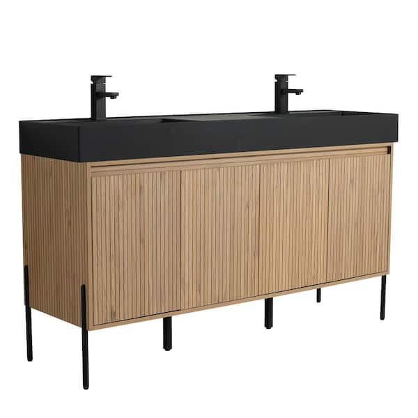 Crownpoint 60 in. Freestanding Double Bright Oak Bathroom Vanity with Black Acrylic Sink Top Unassembled