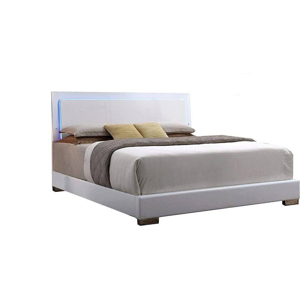 Lorimar High Gloss White Queen Bed with LED Headboard and Faux Leather