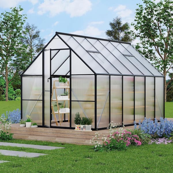 8x14 ft Aluminum Frame Polycarbonate Panels Quick Setup Roof Vent Durable Weather-Resistant Outdoor Gardening Greenhouse