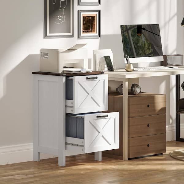 HOMCOM 2-Drawer White Wood 18.1 Vertical File Cabinet, Farmhouse Filing Cabinet with Barn Doors, Distressed White