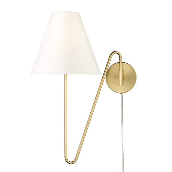 Golden Lighting - Kennedy 1-Light Brushed Champagne Bronze Hardwired/Plug-In Swing Arm Wall Lamp with Ivory Linen Shade