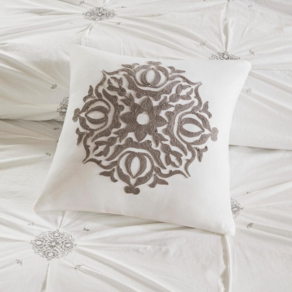 Gray Cotton Reversible King Embroidered Comforter Set