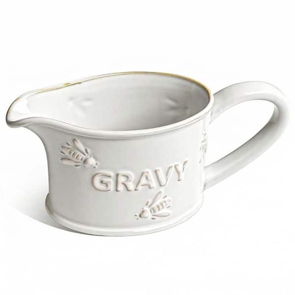 White Capacity 17 oz Ceramic Gravy Boat Bee Embossed Pattern Arctic Sauce Boat for Sauces Broth Syrups Dressings