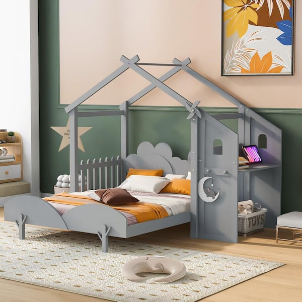 Harper & Bright Designs Gray Full Size Wood House Platform Bed with Windmill, Flowers and Trees Design, Built-in Desk and 2-Handles